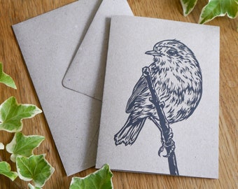 Folding card recycled cardboard robins, hand-printed with envelope • DIN A6