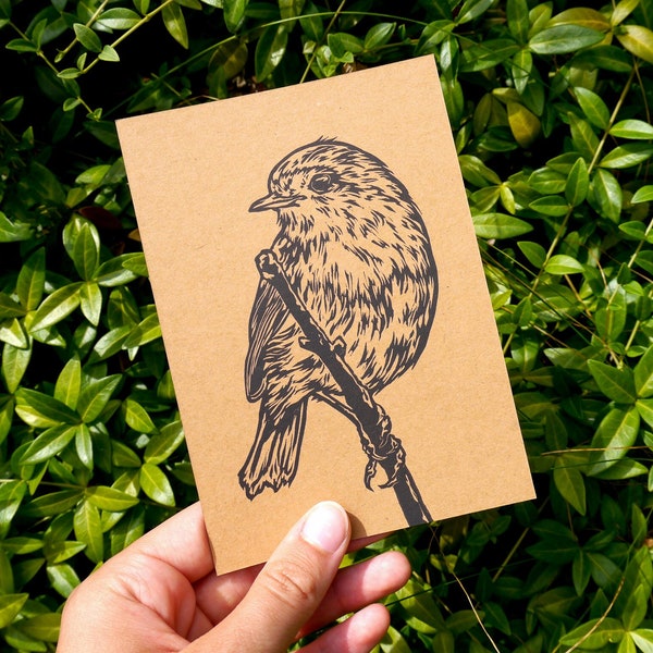 Postcard kraft cardboard bird robin, hand printed • DIN A6