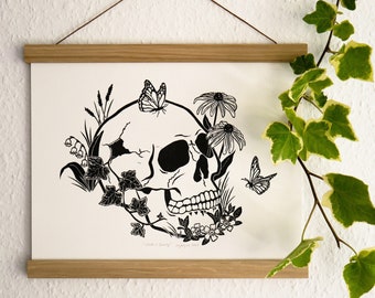 Linoprint skull with flowers "Death's Beauty" • 30 x 24 cm