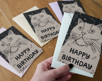 Happy Birthday Cat Birthday Card Recycled Cardboard, Folding Card Hand Printed with Pastel Envelope • DIN A6