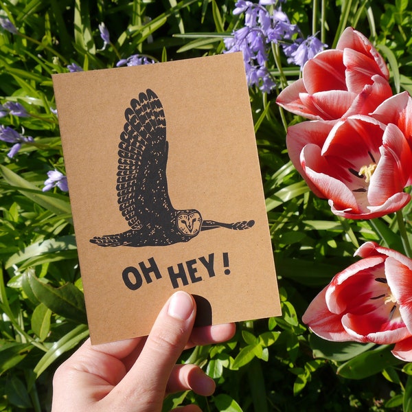 Postcard Kraft cardboard "Oh hey!" Owl, hand printed • DIN A6