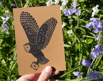 Kraft cardboard postcard owl with letter, hand-printed • DIN A6