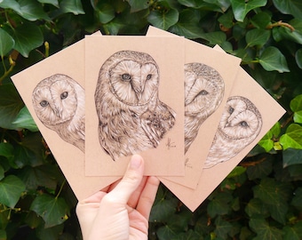 Four Barn Owls Postcard Mix • DIN A6 • Postcard set with drawing of a Barn Owl