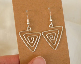 Triangle spiral wire earrings ear hooks • 925 silver and silver-plated copper wire, 70s hippie boho