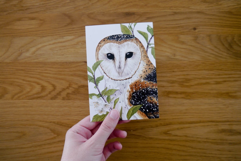Four barn owls postcards Lilith DIN A6 Postcard set with drawing of a barn owl with leaves and flowers image 3