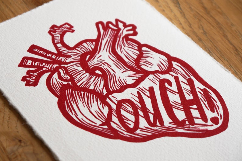 Linoprint red heart anatomical OUCH DIN A6 postcard format 10.5 x 14.8 cm image 7
