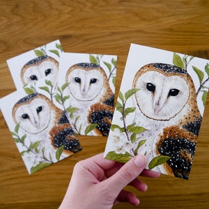 Four barn owls postcards Lilith DIN A6 Postcard set with drawing of a barn owl with leaves and flowers image 2