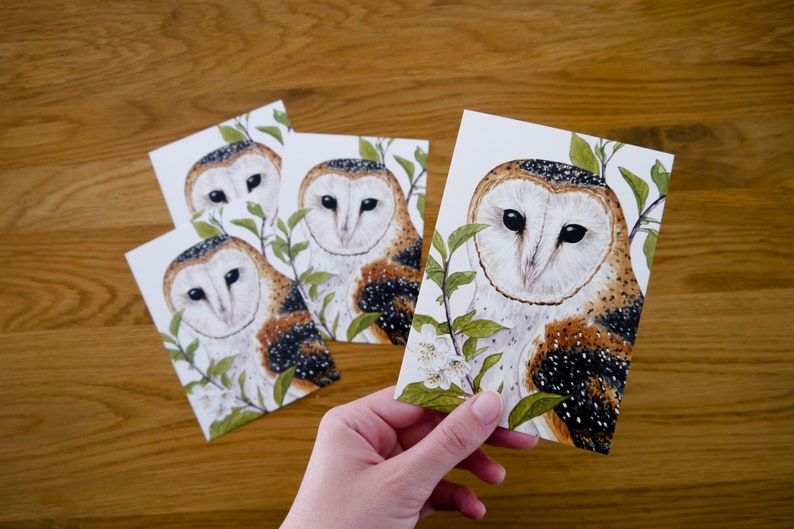 Four barn owls postcards Lilith DIN A6 Postcard set with drawing of a barn owl with leaves and flowers image 2