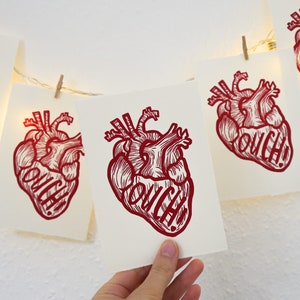 Linoprint red heart anatomical OUCH DIN A6 postcard format 10.5 x 14.8 cm image 2