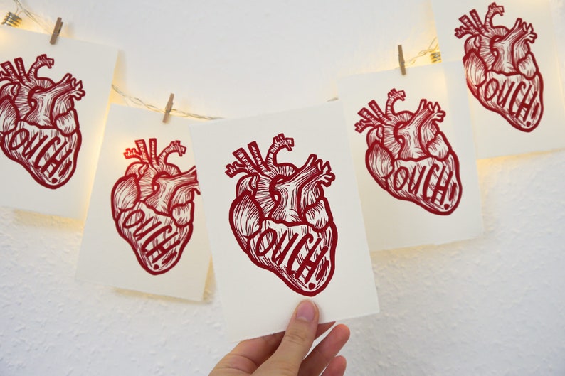 Linoprint red heart anatomical OUCH DIN A6 postcard format 10.5 x 14.8 cm image 2