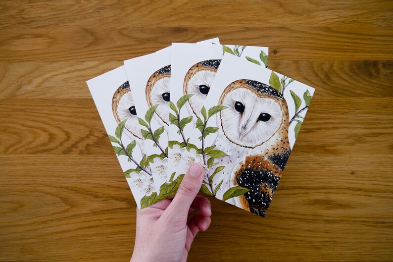 Four barn owls postcards Lilith DIN A6 Postcard set with drawing of a barn owl with leaves and flowers image 1