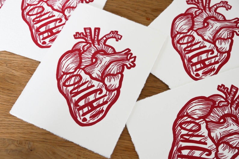 Linoprint red heart anatomical OUCH DIN A6 postcard format 10.5 x 14.8 cm image 6