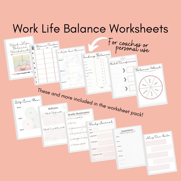 Work Life Balance Worksheets, Life Coach, Canva Template Worksheets, Instant Download, Modern Clean Design, Editable Worksheets, Small Biz