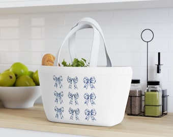 Blue Coquette Bow Insulated Lunch Bag, lunch bags for women, Reusable Lunch Bag, Lunch bag for girls, cute lunch bags, lunch bag tote