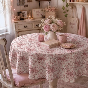 Loveshack Fancy Rectangular Tablecloth 58" × 102", Pink Toile Fabric, Coquette Room Decor, French Country Decor, Cottagecore Decor
