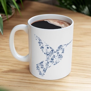 Ceramic Mug with Elegant Hummingbird Design, Grandmillenial Mug, Bird Mug, Bird Silhouette, Toile De Jouy, Toile Mug, French Toile De-Jouy