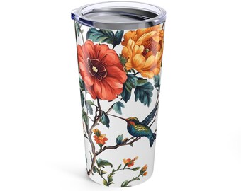 Vaso de colibrí, vaso térmico floral de 20 oz, vaso chinoiserie, vaso cottagecore, decoración grandmillenial, vaso botánico