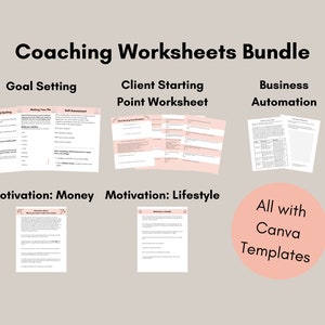 May include: A set of coaching worksheets for goal setting, client starting point, business automation, and motivation. The worksheets are designed to be used with Canva templates.