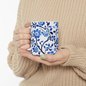 Blue Floral Ceramic Mug, Flower Toile Ceramic Mug, French Toile De Jouy Mug, French Country, Blue-And-White, French Farmhouse,