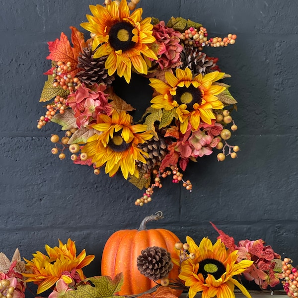 Luxury Autumn Sunflower Hydrangea wreath and matching 150cm Garland