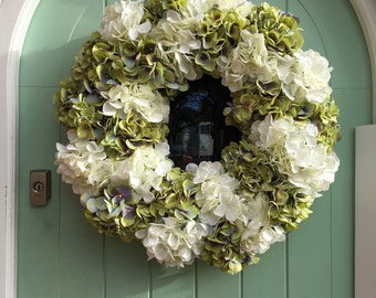 Extra large Green and White Hydrangea Spring Door Wreath