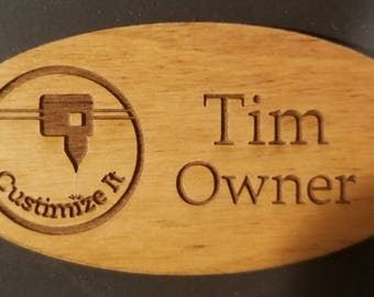 Oval Wood Name Tag, Laser Engraved Magnetic Name Tag