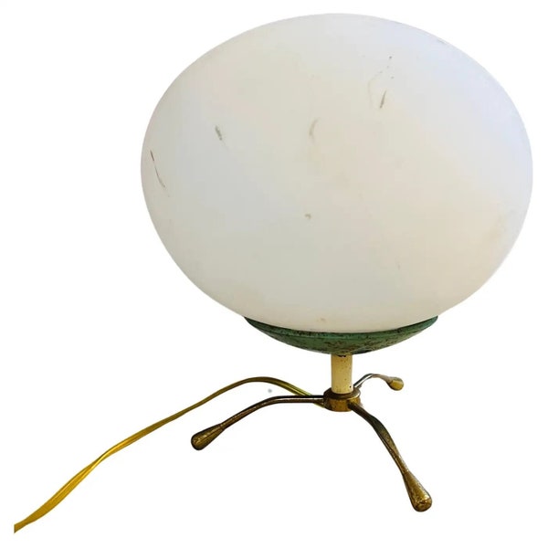 1950 Arredoluce Style Mid-Century Modern Brass Metal and White Glass Desk Lamp