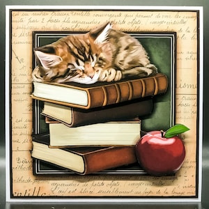 Handmade Teacher Card: Cat, Books & Apple - Thank You