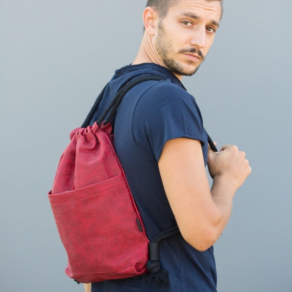 Red Vegan Leather Drawstring Backpack: Unisex Travel  display picture 2