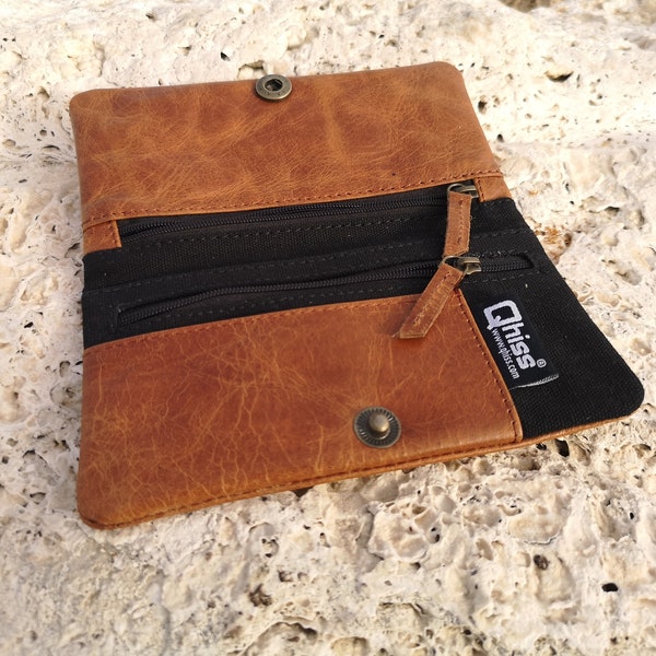 Tobacco pouch - smokers bag wallet in real Leather and canvas - handmade tobacco case for rolling tobacco accessories - gift for him her
