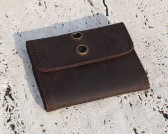 Handmade Dark Brown Leather Mini Tobacco Pouch with eyelets