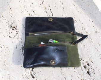 Bolsa de tabaco de cuero hecha a mano: Cartera de fumador de cuero negro y lona verde