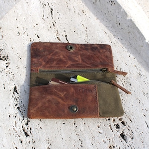 Tobacco Pouch in light brown leather  and green cotton
