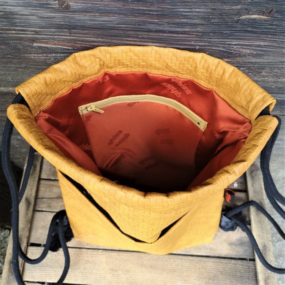 Yellow Vegan Leather Drawstring Backpack: Unisex Travel  display picture 1