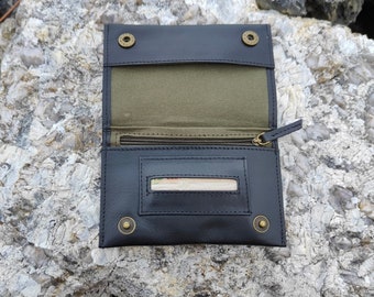 Bolsa de tabaco de cuero hecha a mano: Cartera de fumador de cuero negro y lona verde