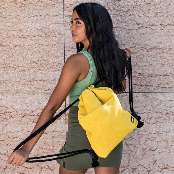 Drawstring backpack yellow // Unisex Rucksack // Vegan Drawstring backbag // gymsack for travel festival beach