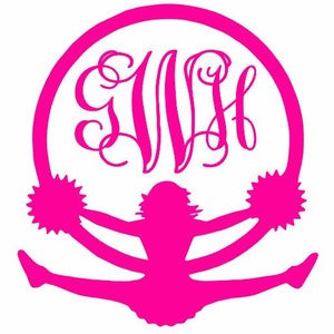Könnte beinhalten: Eine rosa Silhouette einer Cheerleaderin mit Pompons in einer Spagatposition, innerhalb eines Kreises mit dem Monogramm "GWH" in einer Schriftart.