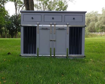 Dual sliding barn door kennel with drawers / #1 in the U.S. / dog crate / handmade pet furniture / rustic kennel / wood dog crate