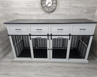 Sliding barn door kennel with drawers / #1 in the U.S. / custom dog kennel/crate / handmade pet furniture / rustic kennel / wooden dog crate
