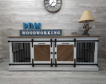 Dual sliding barn door kennel / #1 in the U.S. / dog crate / handmade pet furniture / rustic kennel / wood dog crate