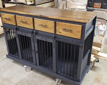 Sliding barn door kennel with drawers / #1 in the U.S. / custom dog kennel/crate / handmade pet furniture / rustic kennel / wooden dog crate