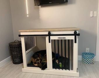 Sliding barn door kennel / #1 In The U.S. / dog kennel / entertainment center / rustic kennel / dog crate / dog furniture /double dog kennel