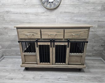 Sliding barn door kennel with drawers / #1 in the U.S. / custom dog kennel/crate / handmade pet furniture / rustic kennel / wooden dog crate