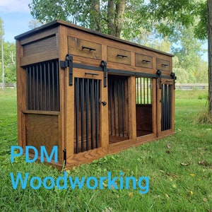 Sliding barn door kennel with drawers / #1 in the U.S. / custom dog kennel/crate / handmade pet furniture / rustic kennel / wooden dog crate