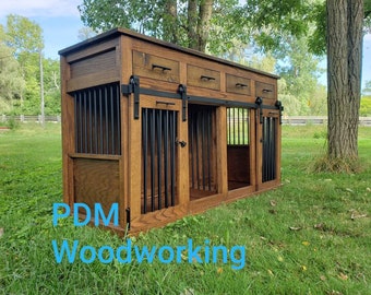 Sliding barn door kennel with drawers / #1 in the U.S. / custom dog kennel/crate / handmade pet furniture / rustic kennel / wooden dog crate