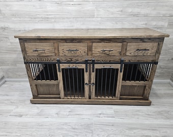 Sliding barn door kennel with drawers / #1 in the U.S. / custom dog kennel/crate / handmade pet furniture / rustic kennel / wooden dog crate