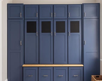 Custom Mudroom Locker Cabinet | Built-In Entryway Storage with Bench | Blue Shaker Lockers | Family Drop Zone Organization | Made to Order
