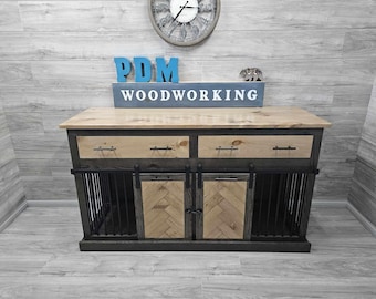 Sliding barn door kennel with drawers / #1 in the U.S. / custom dog kennel/ crate / handmade pet furniture / rustic kennel / wood dog crate
