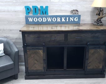 Dual sliding barn door kennel with drawers / #1 in the U.S. / dog crate / handmade pet furniture / rustic kennel