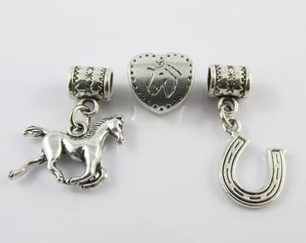 Horse Lovers Horseshoe & Horse Bead Charm Gift Set fit European Charm Bracelet